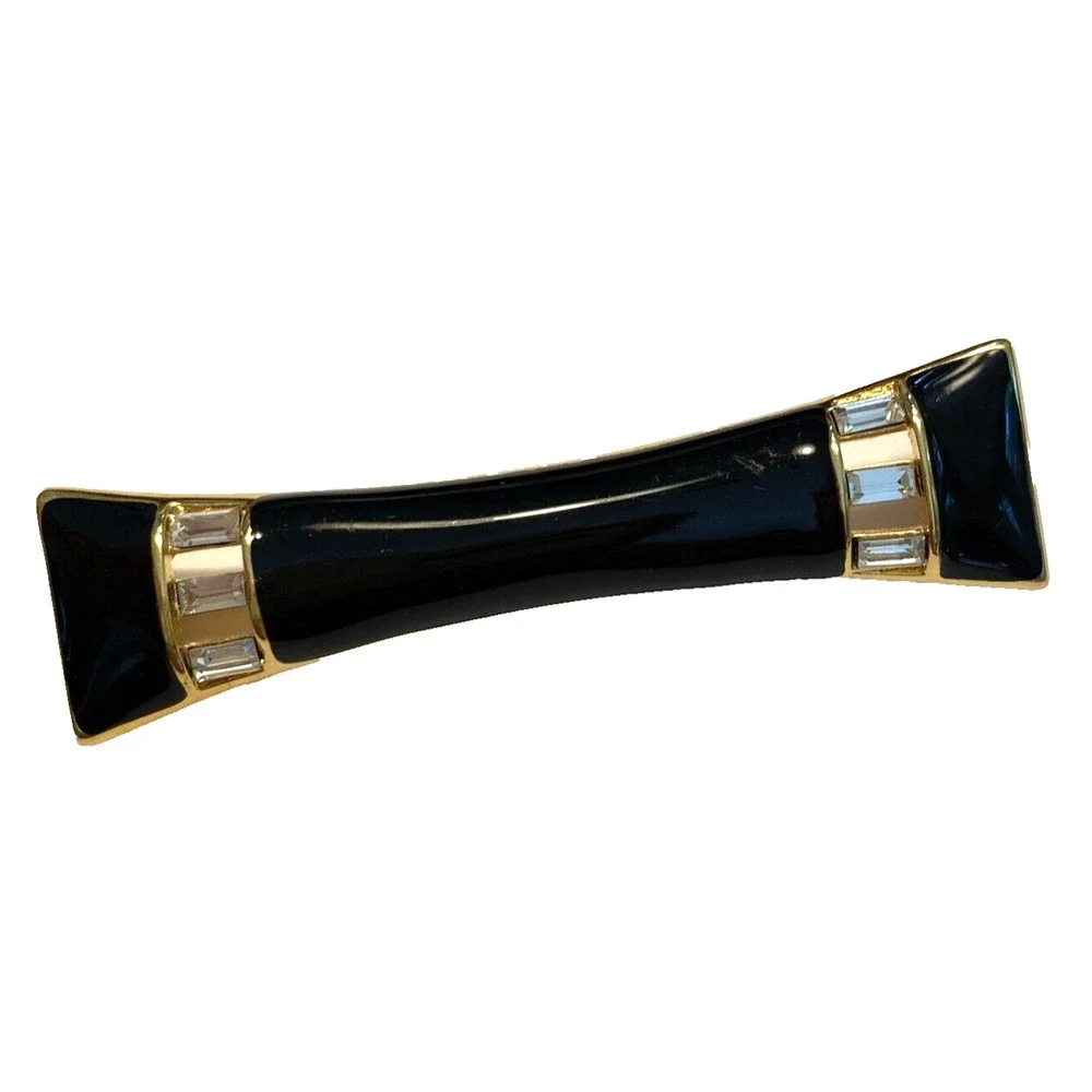 Vintage 1980’s Monet Bar Brooch Gold Black Enamel White Rhinestones Bow Tie Pin